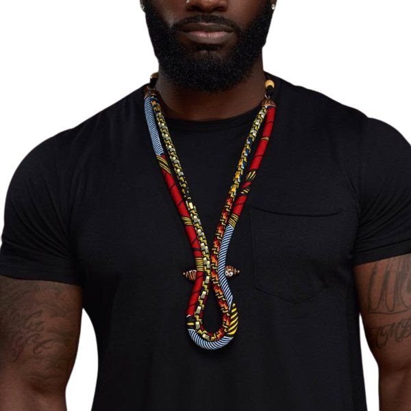 African Necklace for Men |  Red Ankara Necklace | Men’s Ketepa Corded Necklace | Men's African Tie | Mens Tribal Jewelry | Red, Blue, Yellow