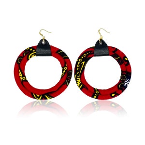 Red African Print Cloth Circle Earrings | Fabric Earrings | Red Ankara Earrings | Cloth & Cord