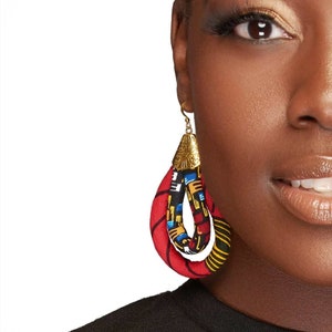 African Cloth Earrings for Women Red Ankara Hoop Earring Mini Double Loop Earring Ketepa Print Earring African Print Jewelry Red image 1