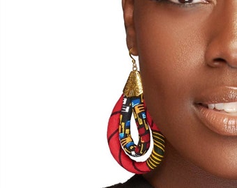 African Cloth Earrings for Women | Red Ankara Hoop Earring | Mini Double Loop Earring | Ketepa Print Earring | African Print Jewelry Red