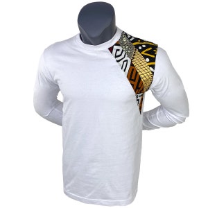 Men's African Print Shoulder Detail T-Shirt | Brown, Yellow, Gold Black Tee | White African T-Shirt | Male African Shirt |Cloth & Cord