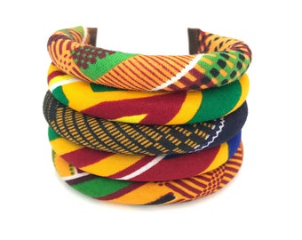 African Kente Bracelet | Sunkissed Marula Bracelet | Kente Print Bangel | African Tribe Jewelry | Orange, Black, Blue, Green | Cloth & Cord