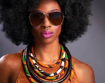 Collier imprimé Kente - Bijoux Kente africains - Collier imprimé Kente africain - orange, vert, jaune et noir