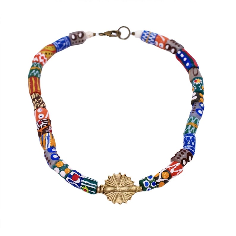 Men's African Bead ChokerKrobo Glass Bead Necklace w/ Sun Baule from Ghana Unisex Cloth&Cord image 2