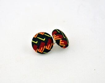 African Button Earrings - Ankara Earrings - Round African Fabric Earrings  - post back earring - stud earring - red black & yellow