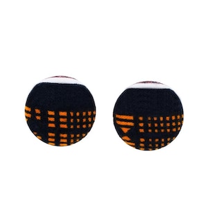 African Print Small Button Ankara Earrings | Round African Fabric Earrings | Stud earrings | Afrocentric Jewelry | Black, Orange, & White