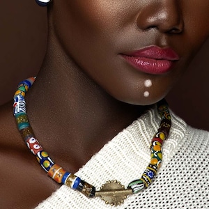 African Bead Choker|Krobo Glass Bead Necklace w/ Sun Baule from Ghana – Unisex| Cloth&Cord