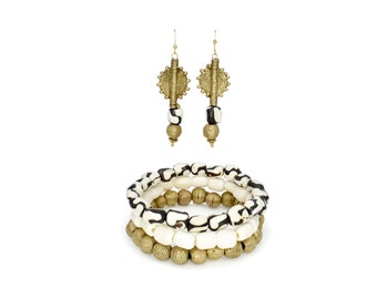 Brass Sun Batik Bone Earrings and Bracelet Set