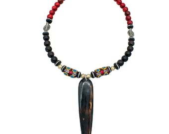 African Maroon, Brown Wood Bead and krobo bead Necklace | Cloth and Cord