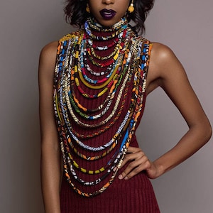 African Necklaces for Women | Maasai Jewelry | Long Ankara/Kente Multi-strand African Wax Necklace | Multi-layered Necklace | Ankara Collar