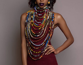 African Necklaces for Women | Maasai Jewelry | Long Ankara/Kente Multi-strand African Wax Necklace | Multi-layered Necklace | Ankara Collar