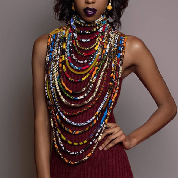 Colliers africains pour femmes | Bijoux Massaï | Long collier de cire africaine multi-brins Ankara/Kente | Collier multicouche | Collier Ankara