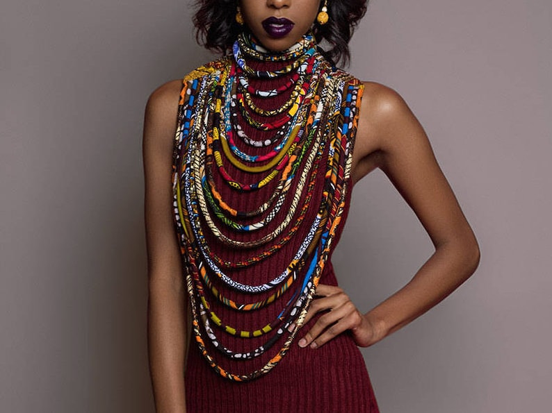 African Necklaces for Women Maasai Jewelry Long Ankara/Kente Multi-strand African Wax Necklace Multi-layered Necklace Ankara Collar image 1