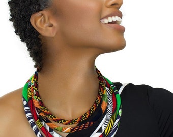 African Jewelry for Women | Queen Africa Print Bib Necklace | Maasai Jewelry | Red, Yellow, Green, Black | Afrocentric | Cloth & Cord