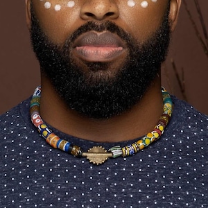 Men's African Bead ChokerKrobo Glass Bead Necklace w/ Sun Baule from Ghana Unisex Cloth&Cord image 1