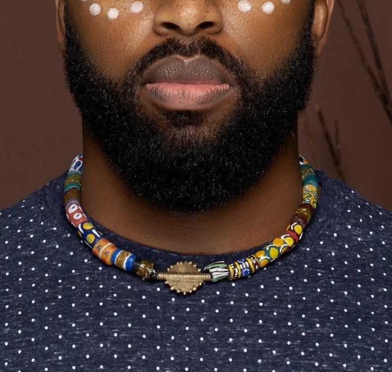 Men's African Bead ChokerKrobo Glass Bead Necklace w/ Sun Baule from Ghana Unisex Cloth&Cord image 1