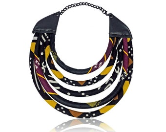 African Mali Mud Print Necklace | Black, Yellow, Gold, Purple and Brown Rope Necklace | Cloth & Cord