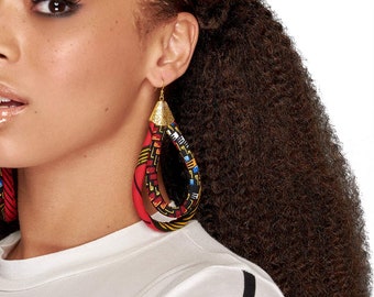 African Tribe Jewelry | Red Africa Earrings | Ankara African Double Loop Earrings | Ankara Print Earrings | African Hoop Earrings | Ethnic