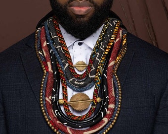 Men’s African Statement Necklace | King | African Bib | Ghana Sun Baule | Mud Cloth | African Men’s Necklace | Tribe