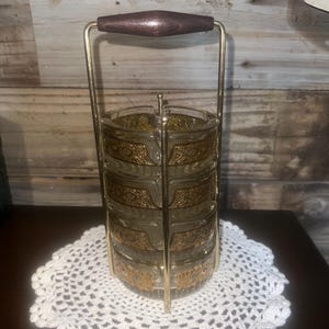 Rare Mid 20th Century 22K Gold-Patterned Culver Valencia Glass Ashtrays With Caddy- 5 Pieces MCM