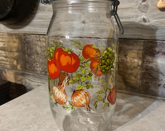 Vintage ARC France Glass Jar Canister - Spice of Life Mushroom Vegetables Jar 2L