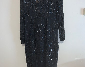 Vintage Swee Lo Black 100% Pure Silk Sequin Dress Size Small Cocktail Party