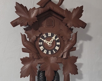 Black Forest Germany Vintage Wooden Carved Weight and Pendulum Driven Cuckoo Clock from 1960's