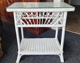 NOT FREE Shipping! See item description for details.* White Wicker Victorian Style Glass Top Console Table