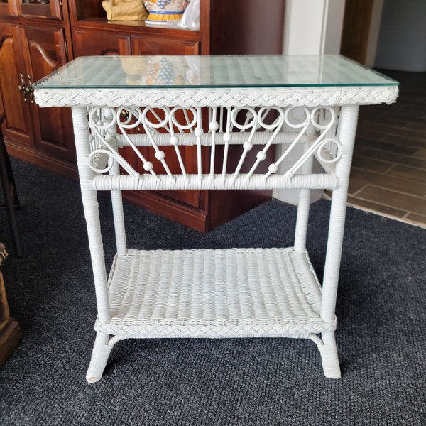 NOT FREE Shipping! See item description for details.* White Wicker Victorian Style Glass Top Console Table