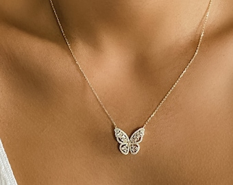 Dainty Gold Butterfly Necklace, CZ Pendant, Sterling Silver