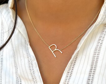 Sideways Plain Initial Necklace Letter 