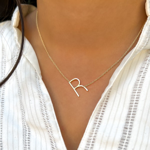 Sideways Plain Initial Necklace, Letter R Necklace, Name Gift Necklace, Silver Initial Necklace, Simple Letter Necklace, Gift For Her Name