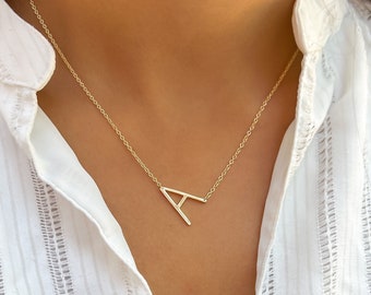 Letter A necklace, Sideways Initial necklace, Personalized Name Necklace, Mothers Necklace, Bridesmaids Wedding Gift, Name Necklace, Initial