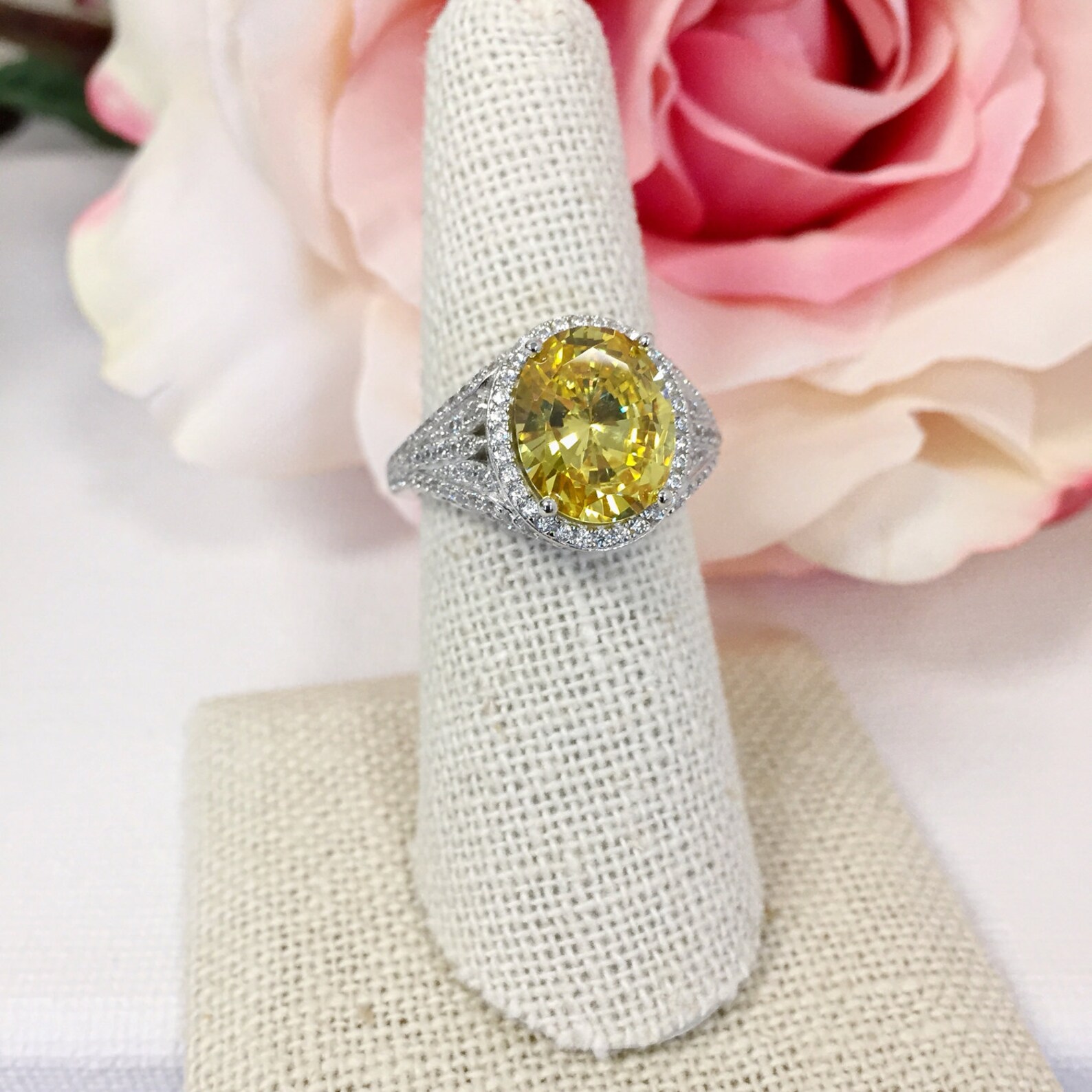 4ctw Oval Halo Ring Yellow Diamond Cz Engagement Ring Halo Etsy