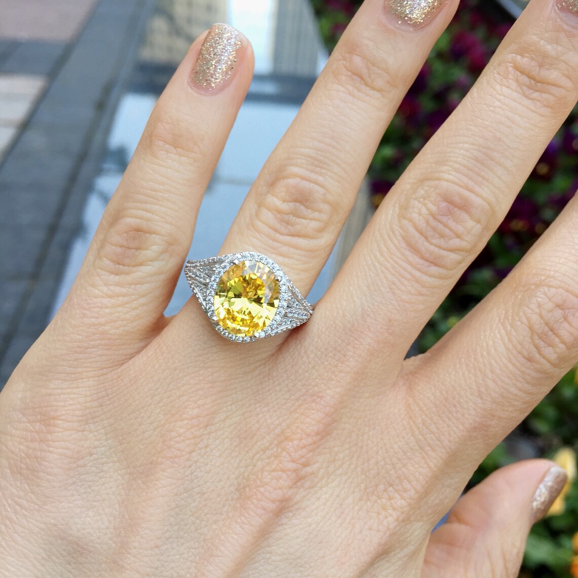 4ctw Oval Halo Ring Yellow Diamond Cz Engagement Ring Halo Etsy