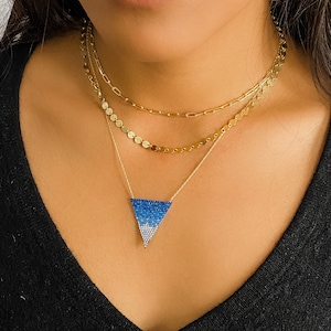 Blue CZ Triangle Necklace, Gold Evil Eye Necklace, Blue Pendant Necklace, Gold Geometric Necklace, Unique Fashion Necklace, Gift for her