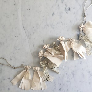 Mini Fabric Tassel Garland / Bespoke / Handmade Party Decor/ Customised/ Neutrals Cream Gold Raw Cotton / Weddings Birthdays Bridal Etc/
