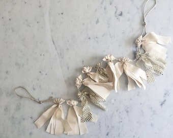 Mini Fabric Tassel Garland / Bespoke / Handmade Party Decor/ Customised/ Neutrals Cream Gold Raw Cotton / Weddings Birthdays Bridal Etc/