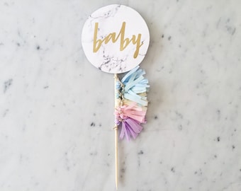 Cake Topper / Marble Print / Modern Calligraphy / Custom Hand Lettered/ Unicorn Mane Pastel Rainbow / Mini Tassels Balloon / Birthday / Baby