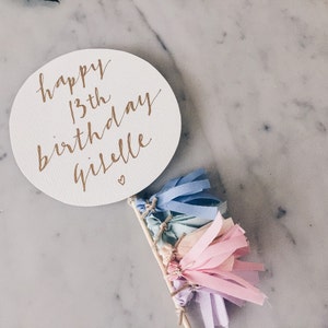 Cake Topper / Modern Calligraphy / Custom Hand Lettered/ Pastel Unicorn Rainbow / Made-To-Order/ Hand Made Mini Tassels / Happy Birthday image 3