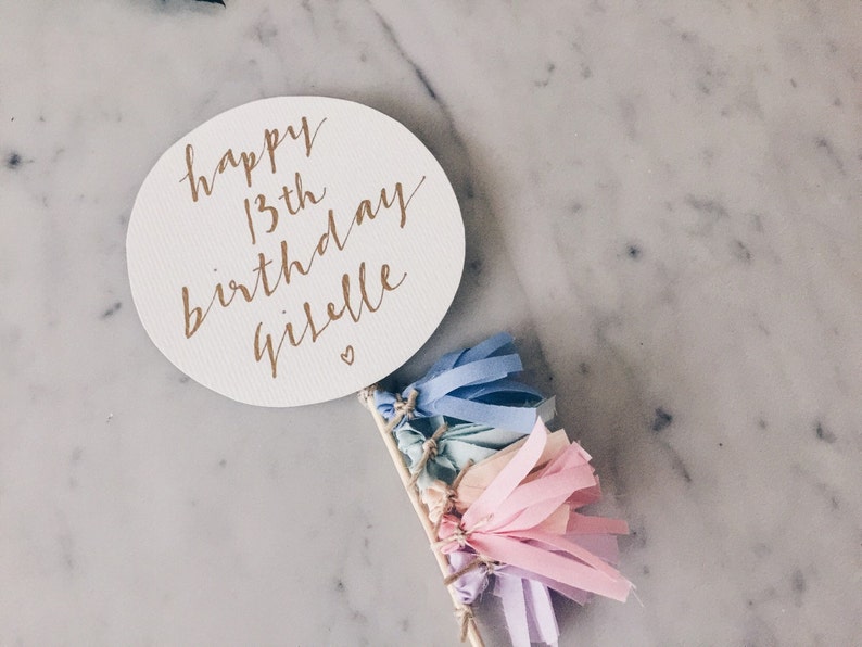 Cake Topper / Modern Calligraphy / Custom Hand Lettered/ Pastel Unicorn Rainbow / Made-To-Order/ Hand Made Mini Tassels / Happy Birthday image 3