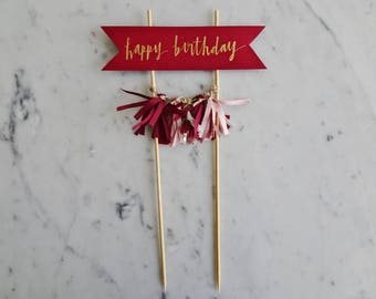 Cake Topper / Gold Modern Calligraphy / Custom Hand Lettered/ Wine Red Burgundy Blush Pink Gold / Made-To-Order/ Hand Made Mini Tassels /