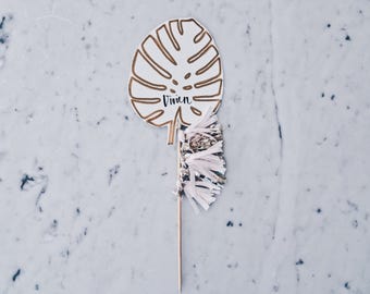 Monstera Leaf Cake Topper / Palm Tree Leaf / Gold Modern Calligraphy / Custom Hand Lettered / Pink Blush Gold / Mini Tassels / Baby