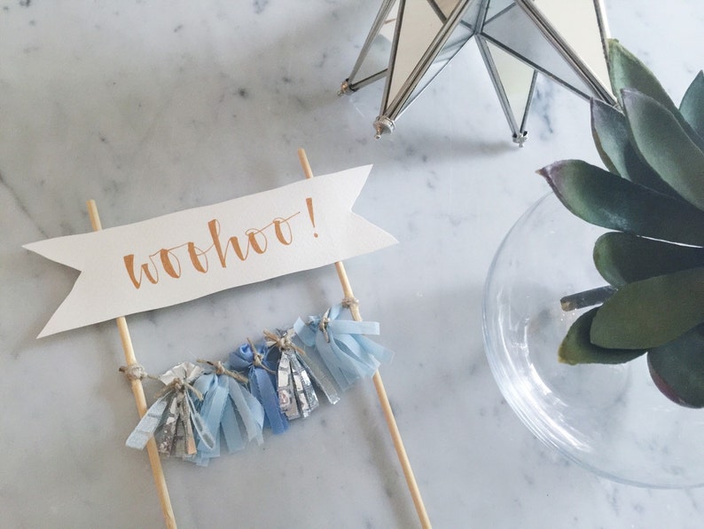 Cake Topper / Rose Gold Modern Calligraphy / Custom Hand Lettered/ Blue Silver / Made-To-Order/ Hand Made Mini Tassels / image 3