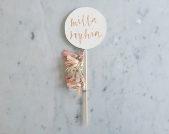 Cake Topper / Rose Gold Modern Calligraphy / Custom Hand Lettered/ Blush Pink Peach Gold Neutrals / Mini Tassels Balloon / Birthday Wedding/