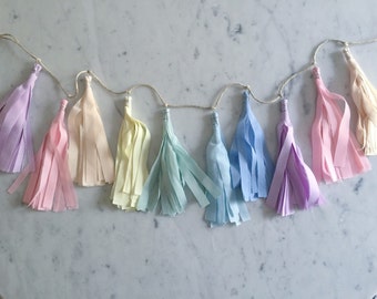 9 Inch Fabric Tassel Garland/ Bespoke / Customisable/ Made-to-order/ Unicorn Mane Rainbow Pastels / Baby Showers Kids Childrens Bedroom /