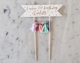 Cake Topper / Gold Modern Calligraphy / Custom Hand Lettered/ Unicorn Pastel Rainbow / Made-To-Order/ Hand Made Tassels / Party / Birthday