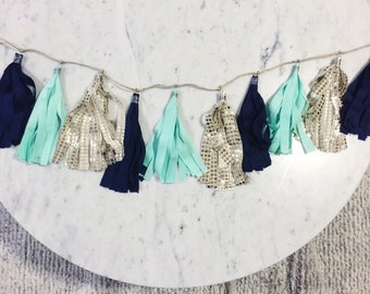 9 Inch Fabric Tassel Garland / Handmade / Customise / Navy Blue Mint Green Gold / Weddings Bridal Hens Birthday Baby-Shower Baby /