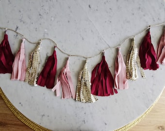 9 Inch Fabric Tassel Garland/ Bespoke / Customisable/ Made-to-order/ Red Burgundy Wine Gold / Baby Girl / Baby Showers Weddings Bridal Hens/