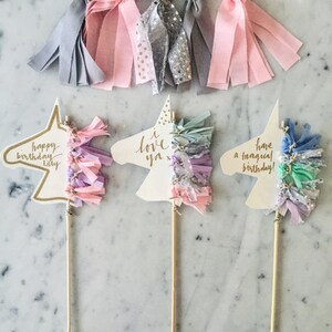 Unicorn Cake Topper / Gold Modern Calligraphy / Custom Hand Lettered / Silver Lilac Pink Mint / Mini Tassels / Unicorn Mane Pastels / image 5